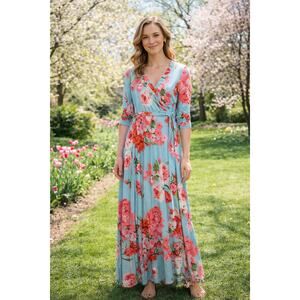 Pink Lily Blue Floral Wrap Maxi Dress | Spring Summer